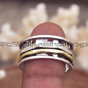 Boho Sterling Silver Spinner Ring: Two-Tone Band, Thumb Ring