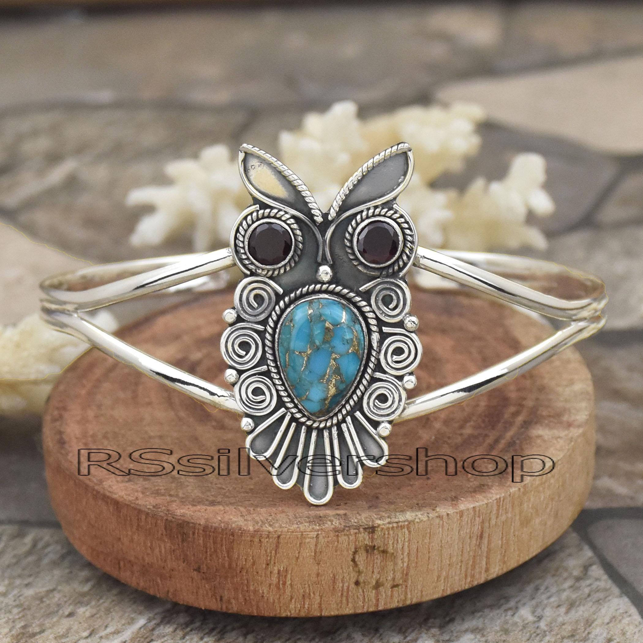 Handmade Owl Shape 925 Sterling Silver Bangle, Turquoise Gemstone With Garnet Accent Bangle