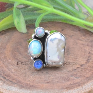 Ring med naturlig pärla och opal, Statementring i 925 sterlingsilver, Boho-armband,
