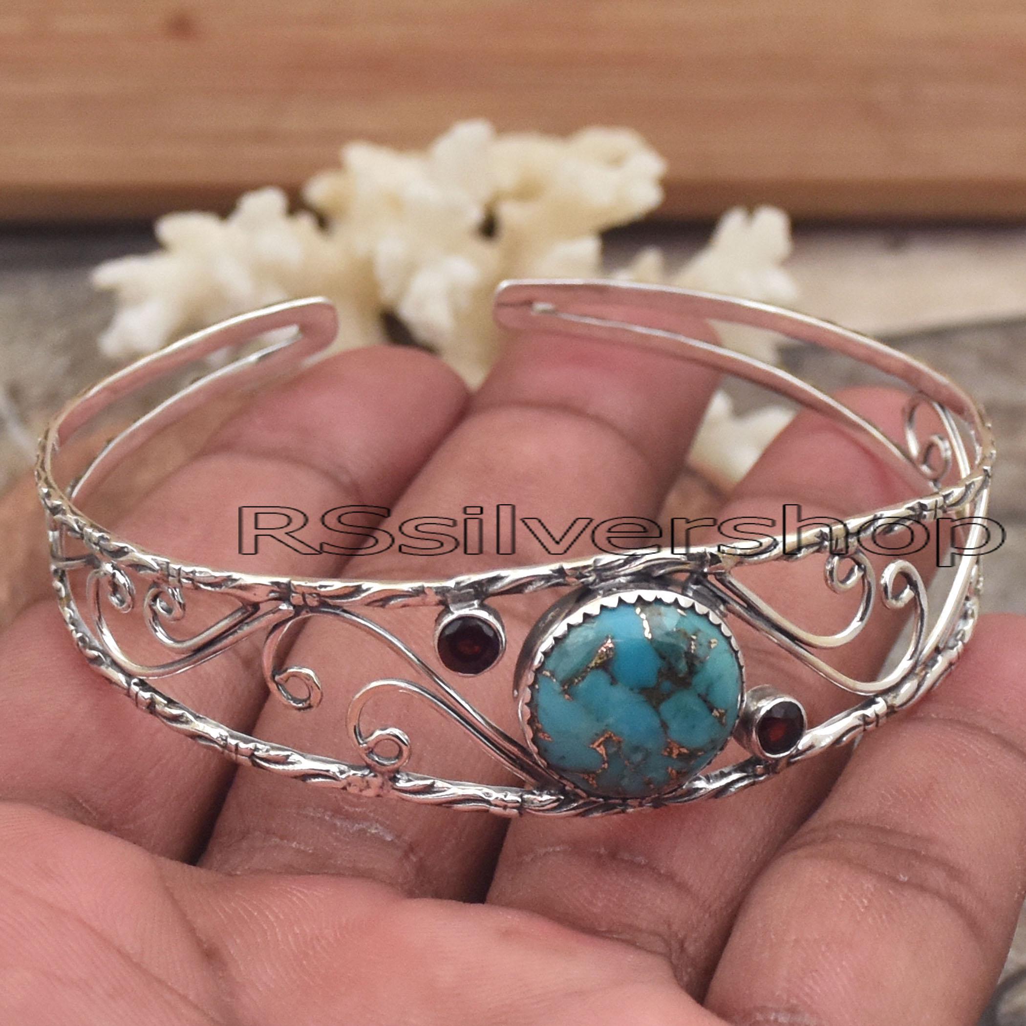 ブルーコッパーターコイズバングル：ガーネット付きスターリング