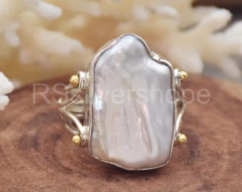 Boho Mother of Pearl Ring: 925 Sterling Silver & Brass, Handmade