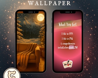 Könnte beinhalten: Zwei Smartphones zeigen ein Live-Wallpaper. Eines zeigt ein gemütliches Interieur mit Sofa und Decke, eine verschneite Berglandschaft und einen Vollmond. Das andere zeigt "What You Get" mit Dateiformaten und einem PDF-Leitfaden. Der Text "LIVE WALLPAPER" steht oben.