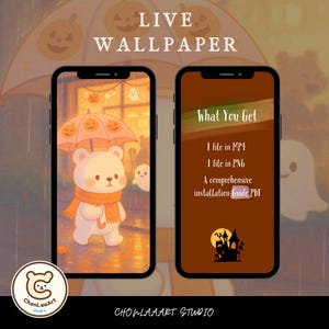 May include: Two smartphones showcasing a Halloween live wallpaper. One features a bear under a pumpkin umbrella, the other lists file formats and a guide. The image includes the text "LIVE WALLPAPER" and "What You Get". The ChonLaaArt Studio logo is at the bottom.