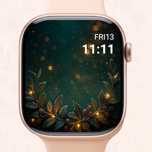 May include: A gold smartwatch with a dark green and gold floral design on the screen. The screen displays the time 11:11 and the date FRI13. The watch has a light pink band.