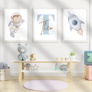 Space Nursery Wall Art Set – Astronaut, Rocket & Personalized Name Print | Boy&#39;s Room Decor | Baby Boy Gift | Set of 3 Unframed Prints