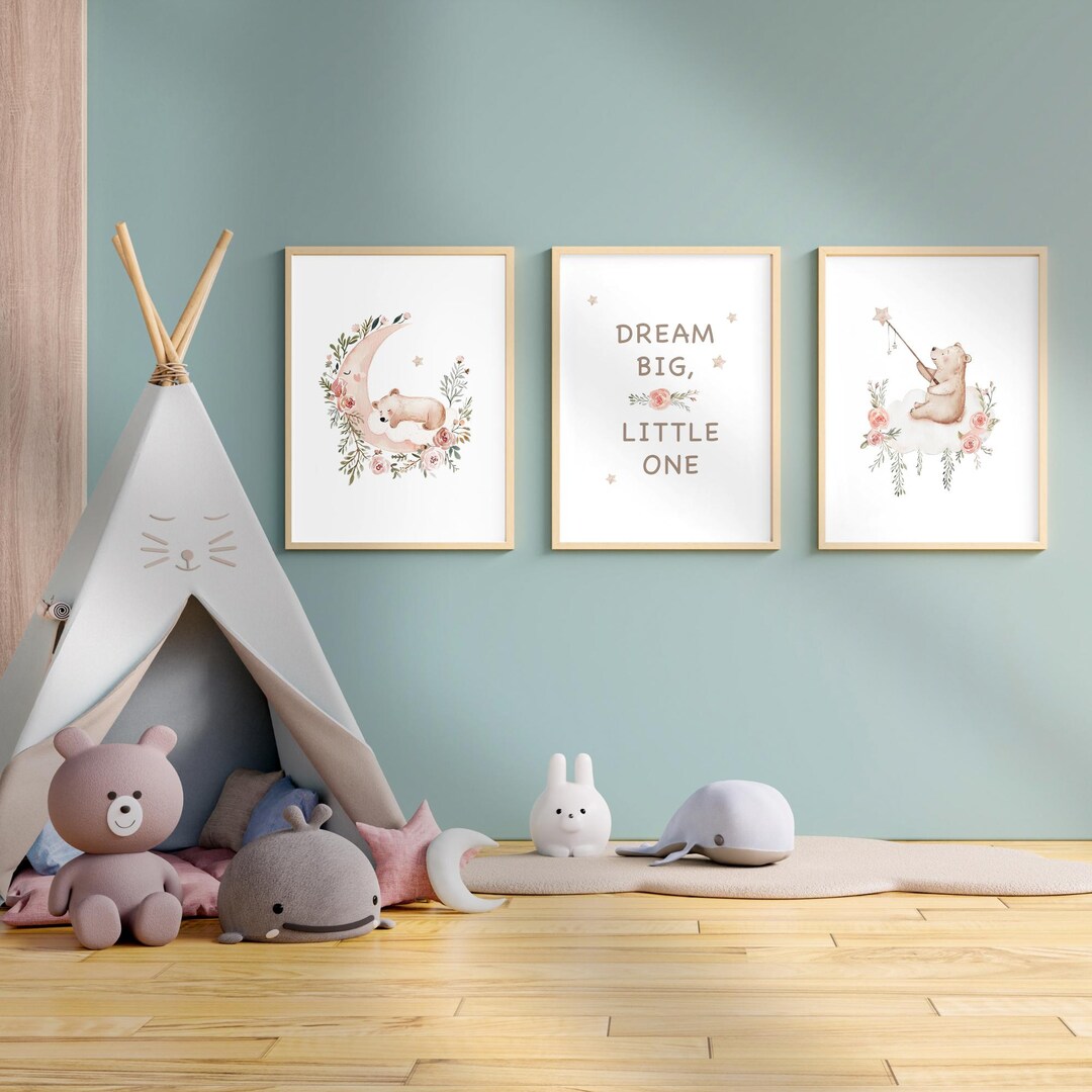 Nursery Wall Art Set of 3, Dream Big Little One Nursery Prints, Neutral ...