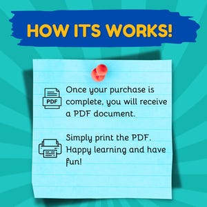 May include: A teal background with a blue banner that reads "HOW ITS WORKS!" A light blue sticky note is pinned with a red push pin. The note explains the process: receive a PDF, print it, and have fun.