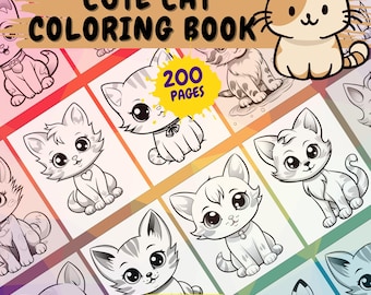 May include: A "Cute Cat Coloring Book" with 200 pages, featuring adorable cat illustrations. The cover displays a cartoon cat and the text "Cute Cat Coloring Book". The PDF document measures 8.5 x 11.0 inches.