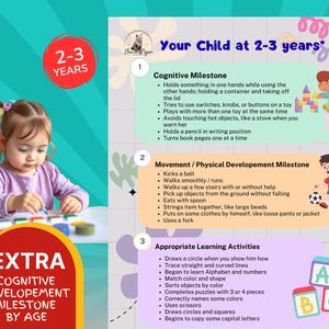May include: A young child in a pink shirt is seated at a table, engaged in an activity with colorful objects. The image includes text indicating the child's age as 2-3 years, with additional text highlighting cognitive development milestones and learning activities.