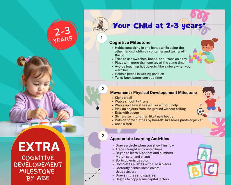 May include: A young child in a pink shirt is seated at a table, engaged in an activity with colorful objects. The image includes text indicating the child's age as 2-3 years, with additional text highlighting cognitive development milestones and learning activities.