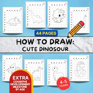 May include: A collection of drawing workbooks with dinosaur illustrations. The cover reads "How to Draw: Cute Dinosaur" with the text "44 pages". The workbooks are designed for children aged 4-5 years old and include extra cognitive development milestones.