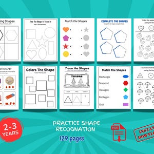 May include: A collection of printable worksheets for shape recognition, designed for children aged 2-3 years. The pages feature various exercises, including tracing, matching, and coloring shapes like hexagons, stars, and diamonds. The set includes 129 pages.