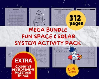Könnte beinhalten: Ein Mega-Bundle mit Spaß-Aktivitäten zum Thema Weltraum und Sonnensystem mit 312 Seiten. Enthält kognitive Entwicklungsmeilensteine für Kinder im Alter von 5-6 Jahren. Mit Rätseln, Labyrinthen und Weltraum-Illustrationen.