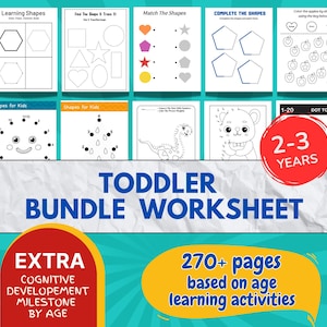 May include: A collection of toddler worksheets with various activities, including shape matching, tracing, and dot-to-dot exercises. The bundle includes 270+ pages of age-based learning activities for children aged 2-3 years. The worksheets are designed to promote cognitive development.