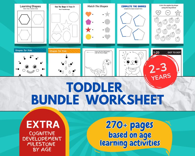 May include: A collection of toddler worksheets with various activities, including shape matching, tracing, and dot-to-dot exercises. The bundle includes 270+ pages of age-based learning activities for children aged 2-3 years. The worksheets are designed to promote cognitive development.