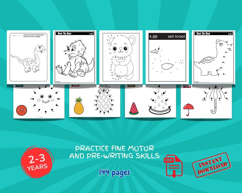 May include: A collection of children's dot-to-dot activity books. The books feature various illustrations, including animals, fruits, and objects. The text on the image reads "Practice Fine Motor and Pre-Writing Skills" and "Instant Download". The age range is 2-3 years.