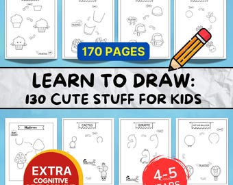 May include: A workbook titled "Learn to Draw: 130 Cute Stuff for Kids" with step-by-step drawing instructions for various objects. The cover includes the text "170 Pages" and "4-5 Years". Additional text includes "Extra Cognitive Development Milestone by Age".