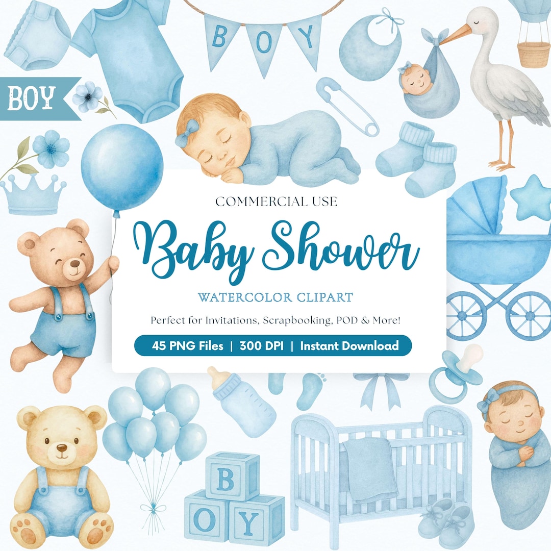 Baby Boy Shower Clipart Bundle: Blue Watercolor Graphics (PNG Files ...
