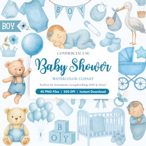 Baby Boy Shower Clipart Bundle: Blue Watercolor Graphics (PNG Files, Digital Download