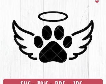 May include: A black paw print with angel wings and a halo. The design is a vector graphic, with the file types SVG, PNG, PDF, and JPG listed below the image. The image is on a white wood grain background.