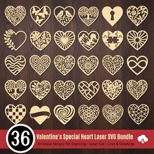 May include: A collection of 36 laser-cut wooden heart designs with various patterns, including butterflies, birds, and floral motifs. The hearts are arranged on a dark wood surface. Text at the bottom reads "Valentine's Special Heart Laser SVG Bundle."