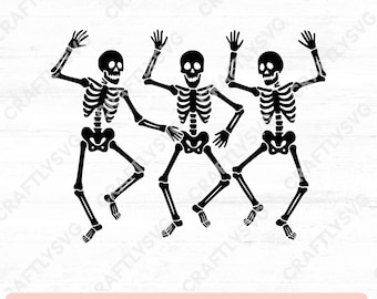 May include: Black and white illustration of three dancing skeletons with their arms raised. The skeletons are in a playful pose, with their rib cages and limbs clearly defined. The image includes the text "SVG - PNG - EPS - DXF" in a pink banner.