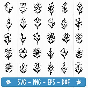 Könnte beinhalten: Eine Sammlung von schwarz-weißen floralen und botanischen Linienkunst-Designs. Das Bild zeigt verschiedene Blumen- und Blätterillustrationen, darunter Gänseblümchen, Rosen und Zweige. Am unteren Rand des Bildes befindet sich ein blaues Banner mit dem Text "SVG - PNG - EPS - DXF".