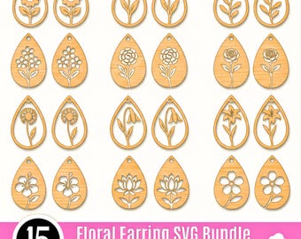 Paquete SVG de pendientes florales: 15 diseños de gotas de lluvia de flores (descarga digital)