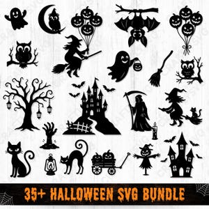 May include: A collection of black Halloween-themed SVG designs. Includes silhouettes of a witch on a broom, ghosts, bats, owls, a haunted house, a grim reaper, and pumpkins. The text "35+ HALLOWEEN SVG BUNDLE" is at the bottom.