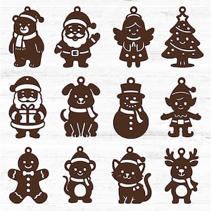May include: A selection of brown Christmas decorations featuring festive characters like a bear, Santa Claus, an angel, and a Christmas tree. Other designs include a dog, snowman, elf, gingerbread man, monkey, cat, and reindeer. Each has a hole for hanging.