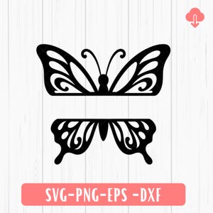 Puede incluir: Diseño de mariposa negra en dos partes, superior e inferior, con intrincados patrones de alas. La imagen incluye el texto "SVG-PNG-EPS-DXF" en un rectángulo rosa, adecuado para proyectos de manualidades digitales.
