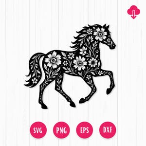 Floral Horse SVG, Horse Silhouette Cut File, Equestrian Mandala Zentangle Png DXF EPS,