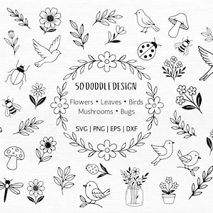May include: Black and white doodle design elements featuring flowers, leaves, birds, mushrooms, and bugs. The design includes a floral wreath with the text "50 Doodle Design". The image is available in SVG, PNG, EPS, and DXF formats.