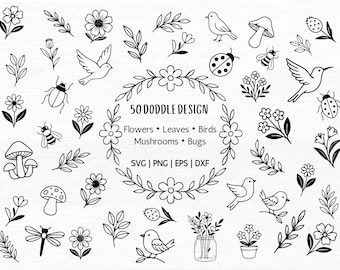 May include: Black and white doodle design elements featuring flowers, leaves, birds, mushrooms, and bugs. The design includes a floral wreath with the text "50 Doodle Design". The image is available in SVG, PNG, EPS, and DXF formats.