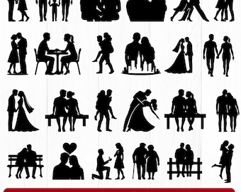 Paquete SVG de siluetas de pareja: 34 imágenes prediseñadas de boda y San Valentín (descarga digital)