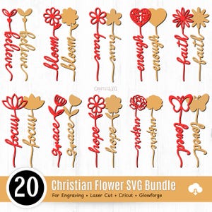 Pacchetto SVG di fiori ispirati cristiani: credi, spera, ama, scritte floreali a strati religiose (download digitale)