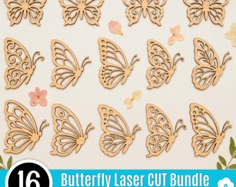 Puede incluir: Dieciséis recortes de mariposas de madera de color marrón claro con intrincados patrones de alas de filigrana. La imagen incluye el texto 16 Butterfly Laser CUT Bundle For Engraving Laser Cut Cricut Glowforge y un icono de nube.