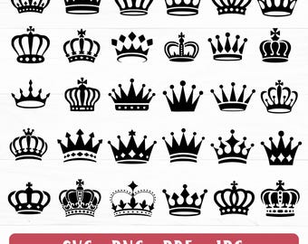 May include: A collection of black crown designs in various styles. The crowns feature different shapes, including pointed arches, rounded tops, and decorative elements. The image includes the text "SVG- PNG- PDF - JPG" in a red banner at the bottom.