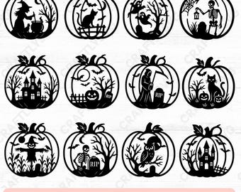 Halloween Pumpkin SVG Bundle: Haunted House, Witch, Ghosts Wall Art Laser Files (Digital Download)