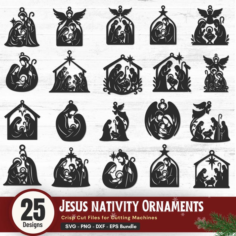 May include: A selection of 25 black Jesus Nativity ornaments in diverse designs. The ornaments depict silhouettes of the Holy Family, angels, and the Nativity scene. The image includes the text "Jesus Nativity Ornaments" and "25 Designs."