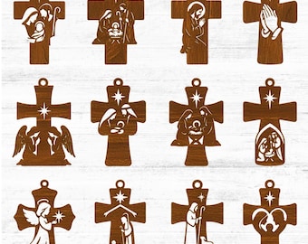 Jesus Nativity Cross Ornament SVG Bundle: Christmas Christian Hanging Tree Baubles, Glowforge (Digital Download)
