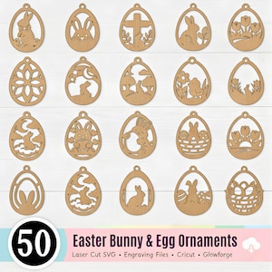 Pode incluir: Uma coleção de 20 ornamentos de ovo de Páscoa de madeira cortados a laser. Cada ornamento em forma de ovo apresenta um design único, incluindo coelhos, flores e cruzes. O texto "50 Easter Bunny & Egg Ornaments" é exibido na parte inferior.