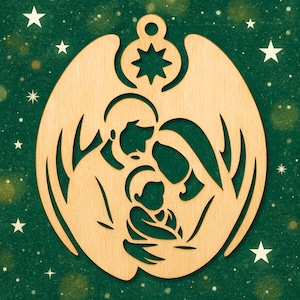 May include: A wooden Christmas ornament with a cutout design of the Holy Family, including Mary, Joseph, and baby Jesus, surrounded by angel wings. The ornament is light brown and set against a dark green background with white stars.
