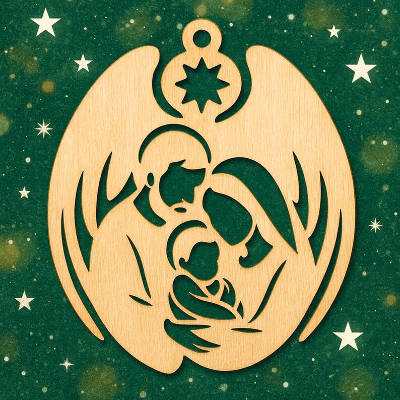 May include: A wooden Christmas ornament with a cutout design of the Holy Family, including Mary, Joseph, and baby Jesus, surrounded by angel wings. The ornament is light brown and set against a dark green background with white stars.