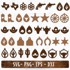 May include: A collection of brown, laser-cut wooden earrings and charms with Western and Southwestern themes. Designs include cowboy hats, boots, Texas shapes, cacti, stars, horseshoes, and longhorn skulls. The image also includes the text "SVG - PNG - EPS - DXF".
