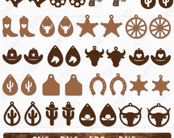 Western örhänge SVG-paket: Cowgirl, cowboystövel, kohuvuddesign (digital nedladdning)