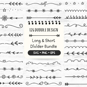 May include: A selection of 126 black doodle design dividers, featuring floral, leaf, and geometric patterns. The bundle includes long and short dividers in SVG, PNG, and EPS formats. The dividers are presented on a light wood grain background.