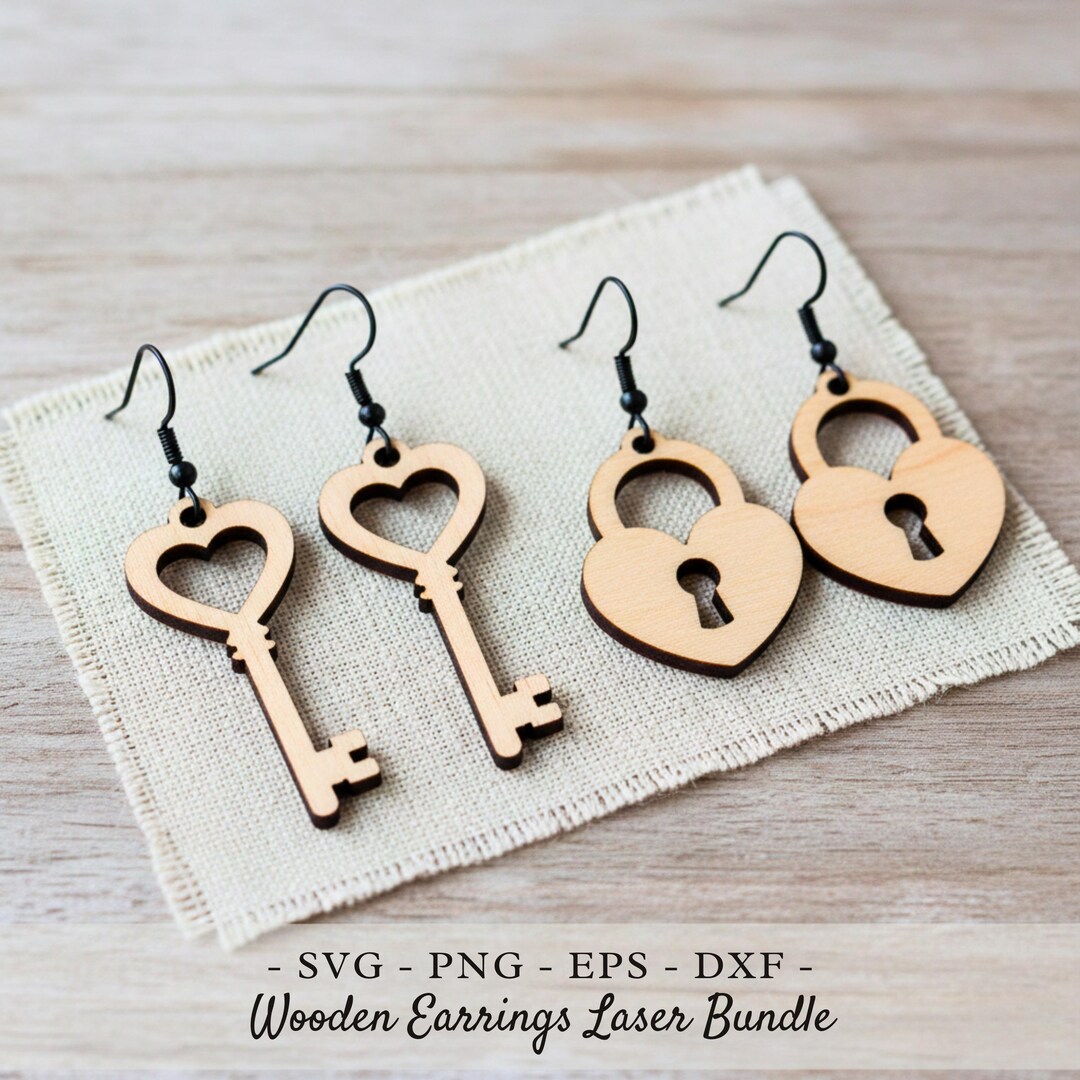 Heart Key and Lock Earring SVG Bundle: Laser Cut Wooden Jewelry ...