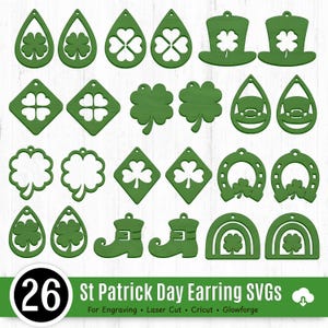 May include: A collection of 26 green St. Patrick's Day earring SVGs in various shapes, including shamrocks, hats, horseshoes, and rainbows. The designs are suitable for engraving, laser cutting, and Cricut machines.