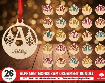May include: Wooden alphabet monogram Christmas ornaments with snowflake and tree designs. The letter "A" is featured on a large ornament with the name "Ashley" below. A bundle of 26 designs is available.